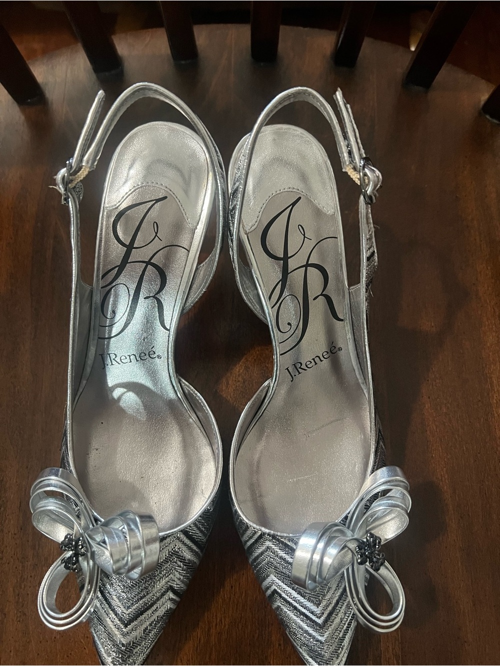 J.Renee Metallic Silver Pointed Slingback Heels with Bow